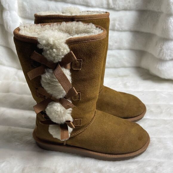 Koolaburra by Ugg Victoria Suede Brown tall boots faux fur side accent &bows SZ8 - Picture 1 of 12
